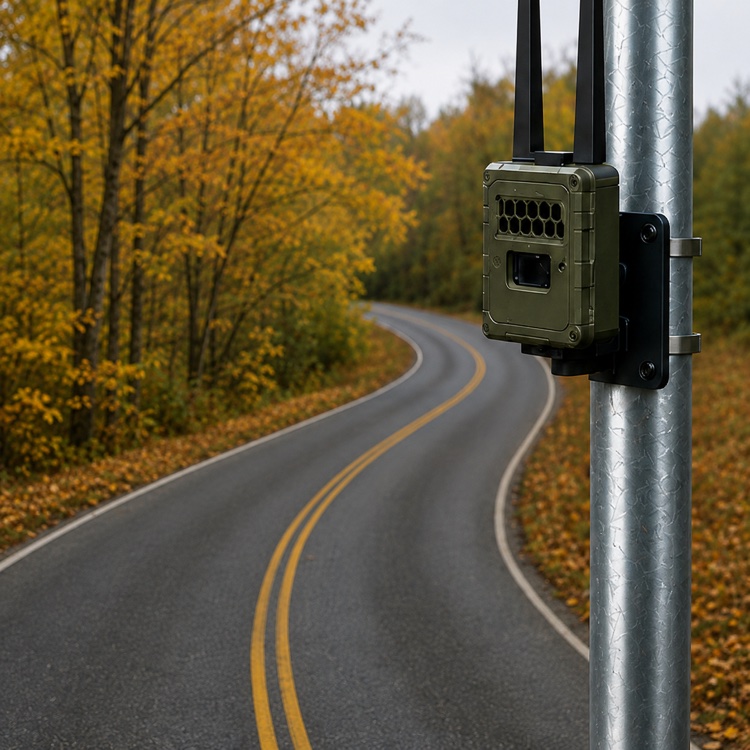 Sentinel AI camera mounted on a pole beside a rural road
